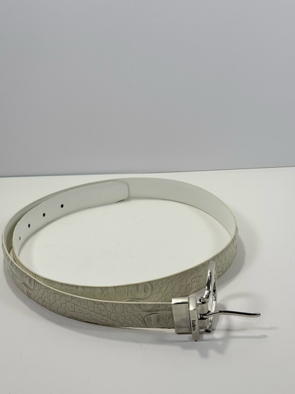 liz & co. Cream Croc-Embossed Reversible Belt with Silver Buckle